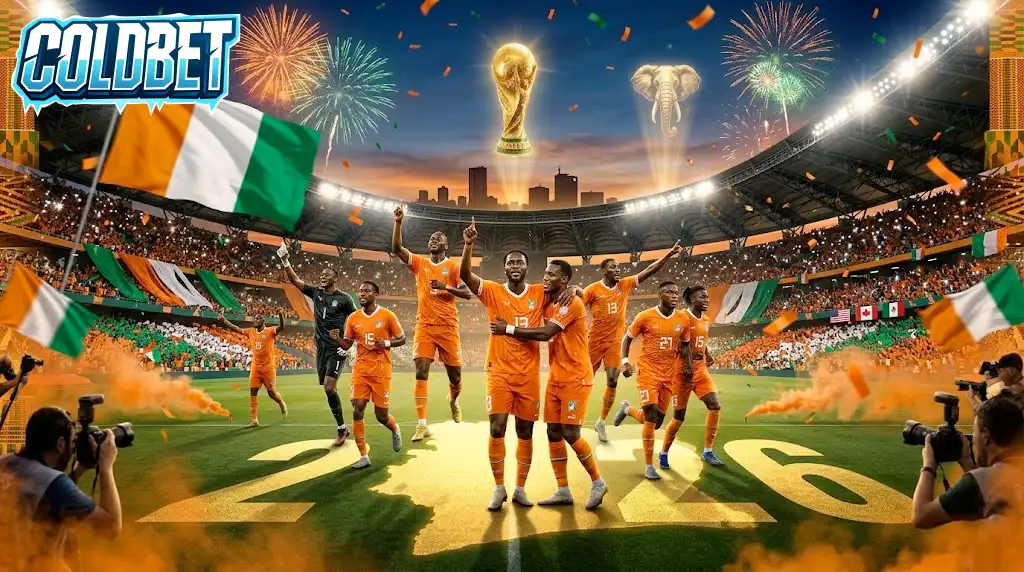 Les joueurs de la Côte d'Ivoire célèbrent leur qualification pour la Coupe du Monde 2026, en tenues oranges, stade Alassane Ouattara en arrière-plan